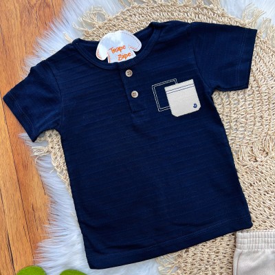 Conj. Camiseta Gola Portuguesa com Bolsinhos Fake e Bermuda - Marinho e Areia